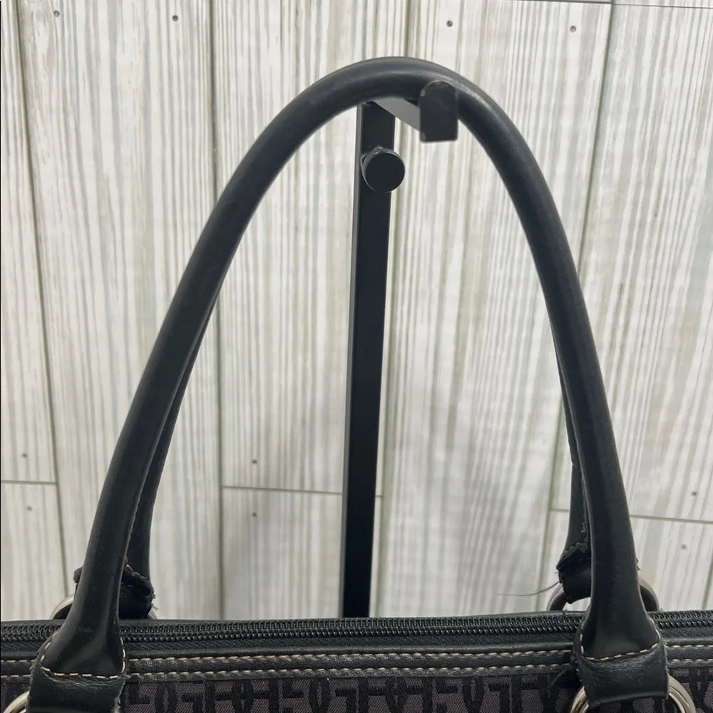 Gianni Bini Black Jacquard Logo Satchel Tote Handbag Leather Trim Structured Bag